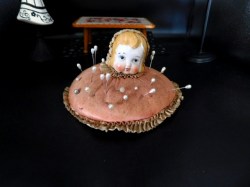 4" Adorable Porcelain China Head Baby Pincushion Doll,Rose  Pink Silk 7" Base, Pins